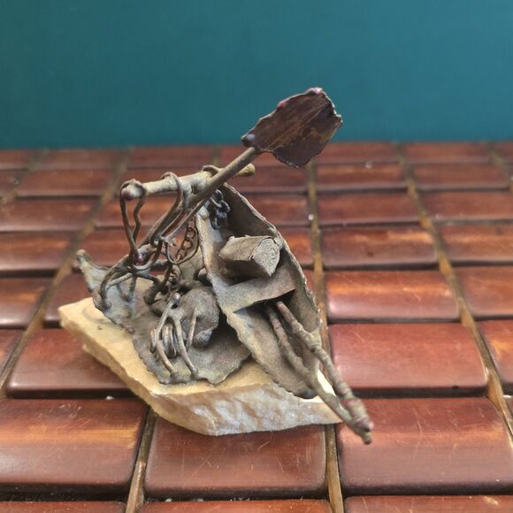 Brutalist Copper Shipwreck Sculpture on Stone Base Mid Century Vintage 5"x3.5"x3 - Picture 2 of 6